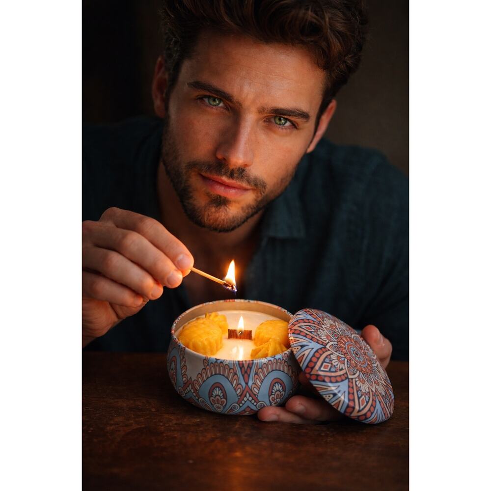 Hand poured Pineapple Cilantro scented candle with pineapple molds Mandala Tin